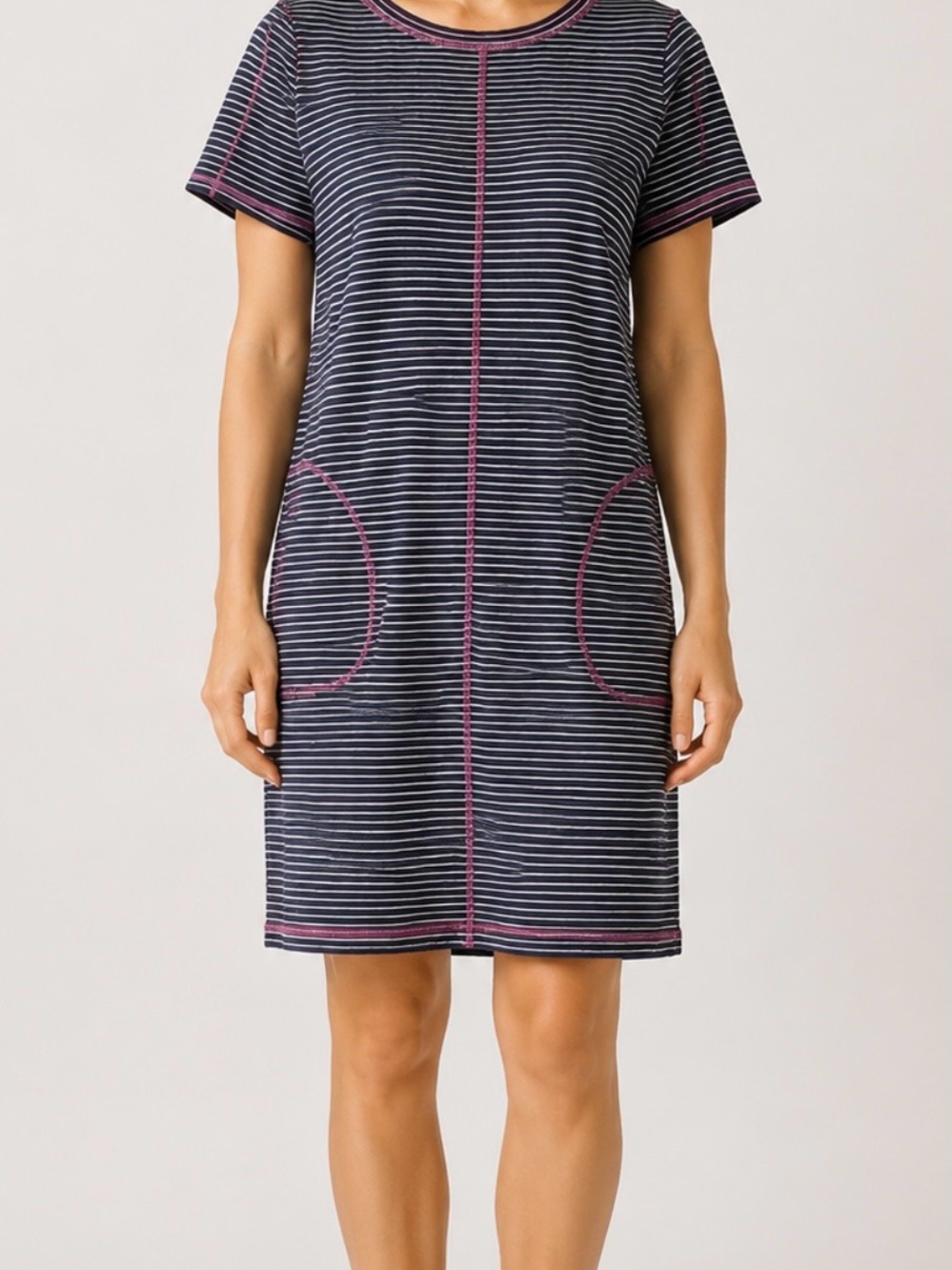 J. Jill Navy and White Striped Short-Sleeve Dress Pink Stitching Medium Petite